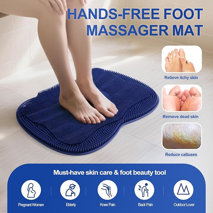 Shower Foot Scrubber Mat Large 2.0- Silicone Feet Toes Massage Exfoliate Cleaner Pad Long Brush Without Bending Non-Slip Suction Cups in Shower Floor Bathtub Foot Relax Spa 17.4 * 13" Navy Blue