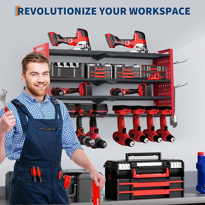 Power Tool Organizer, Drill Holder Wall Mount, Heavy Duty 4-Layer Garage Rack Metal Loads 400Lbs, 8 Drill Storage Shelf with Hooks, Drill Bit Shelf Power Tool Rack for Garage, Workbench