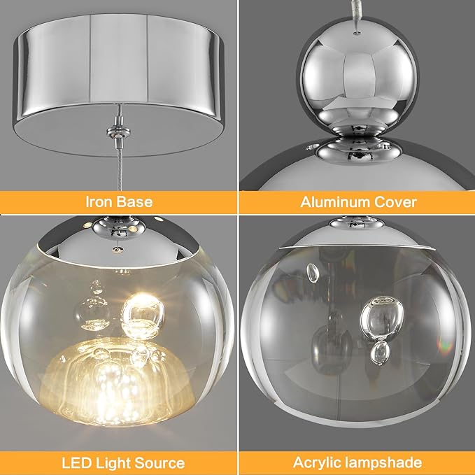 Modern Pendant Lighting ,6W Dimmable LED Chandelier with Remote, Updated Acrylic Housing and Bubble Kitchen Light for Kitchen,Dining Room,Living Room,Corridor and Bar, 3000-6500K (Nickel D4.7inch )