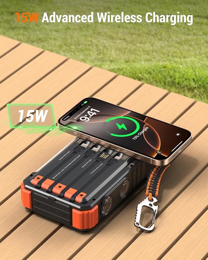 BLAVOR 45W Solar Charger Power Bank 20000mAh Wireless Portable Charger Built-in Cables, PD QC Fast Charging Battery Pack with USB-C for iPhone, Samsung, Dual Flashlight & Carabiner for Camping, Hiking