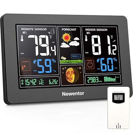 Newentor Weather Station Wireless Indoor Outdoor Thermometer, Black,1Sensor