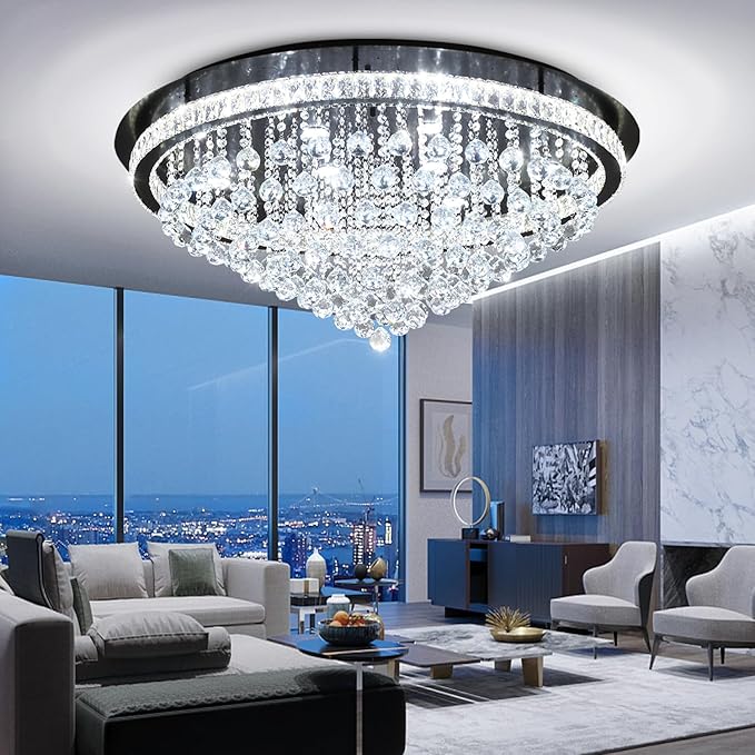 Dia 40" Modern Crystal Chandeliers for Living Room,Black Large Chandelier Flush Mount Chandeliers for Bedrooms Dining Room Dimmable 2700k 4500k 6000k