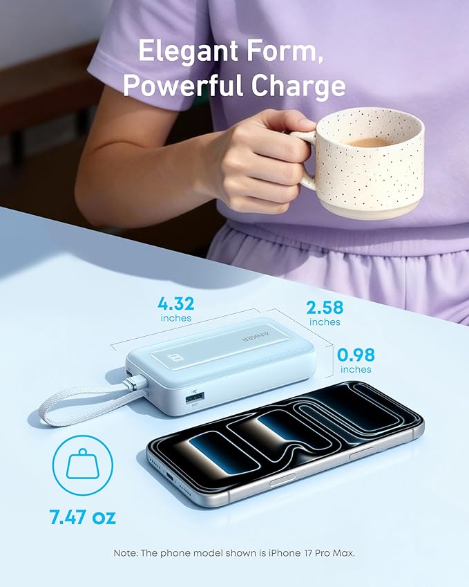 10000mAh 30W Portable Charger Power Bank with USB-C Fast Charging for iPhone and Android White