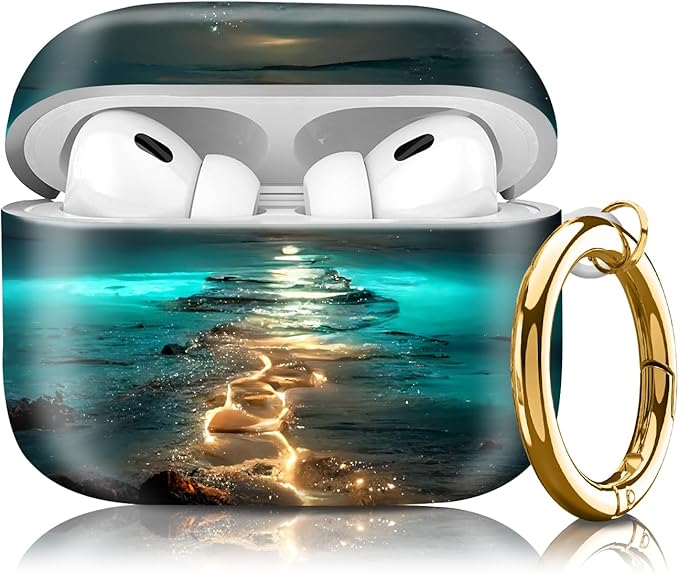 Compatible with Airpod pro 2nd/1st Generation Case Cover with Gold Round Keychain Cute Pattern Hard & Anti Slip Cover for Men Women & Girls（Glowing Road）