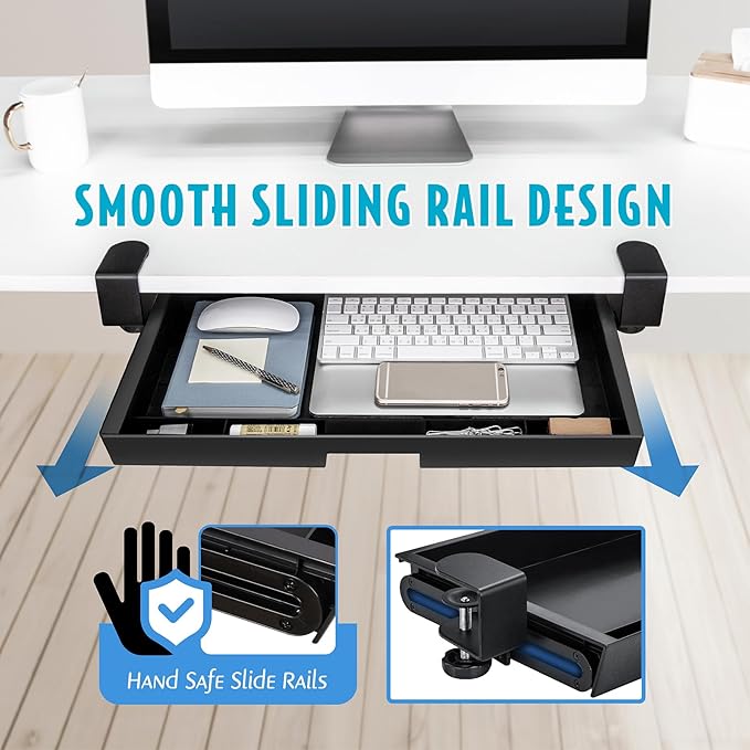 Desk with a smooth sliding rail design, showing a hand safe slide rails feature.