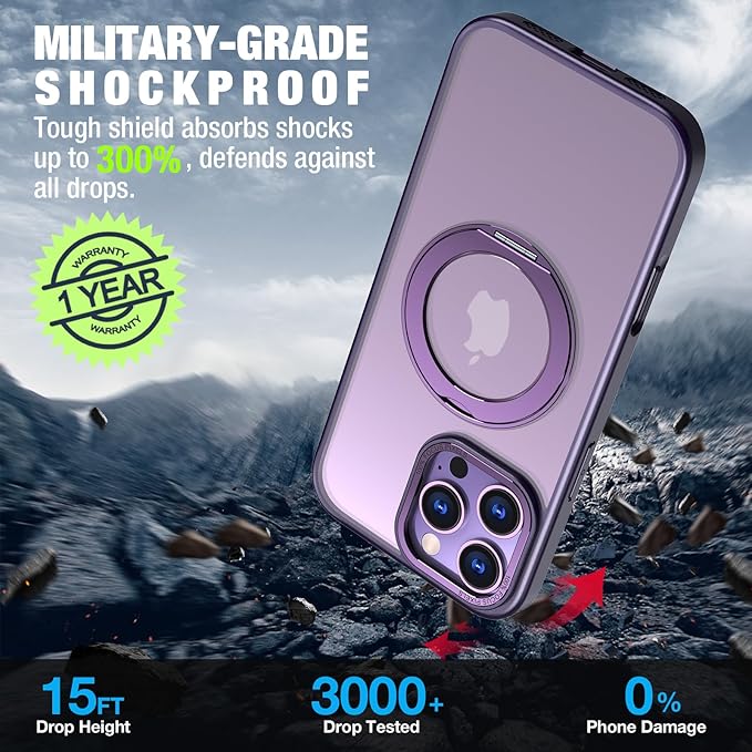 for iPhone 16 Pro Max Case with Screen Protector & Lens Protector [15 FT Military Drop Protection] Magnetic Kickstand Compatible with MagSafe Slim Translucent Case (Deep Purple)