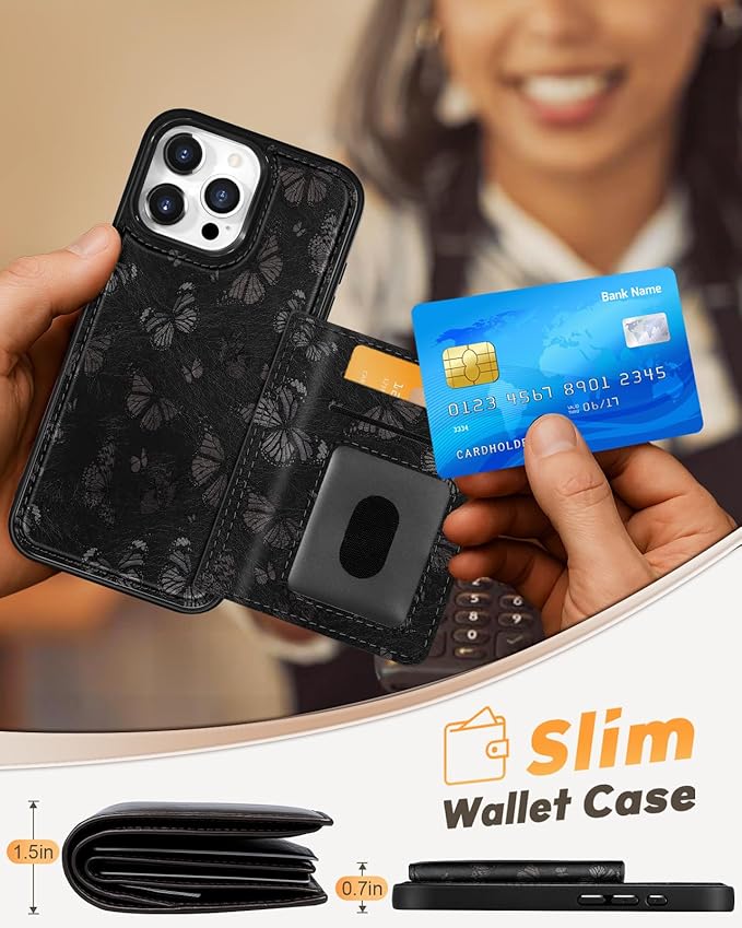 for iPhone 15 Pro Max Case with Wallet - Fits 4 Card Slots, Compatible with MagSafe for Women Aesthetic PU Leather Credit Card Holder Kickstand Phone Cover for Apple 15 Promax, Black Butterfly