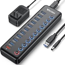 Powered USB Hub, Wenter 11-Port USB Splitter Hub (10 Faster Data Transfer Ports+ 1 Smart Charging Port) with Individual LED On/Off Switches, USB Hub 3.0 Powered with Power Adapter for Mac, PC - Image 1