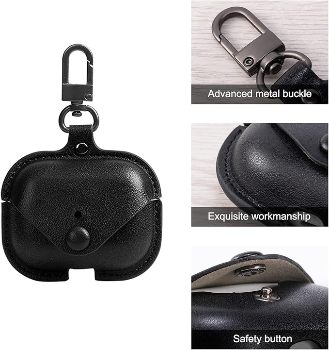 Genuine Leather Case Compatible with AirPods Pro Case 2nd/1st Gen (2023/2022/2019), VOMA Protective Cover for Apple AirPods Pro 2/Pro Wireless Charging Case with Keychain and Snap Lock Black