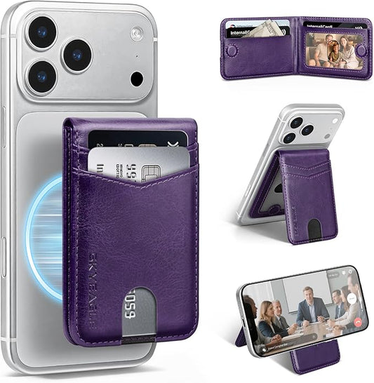 Compatible with Magsafe Case with Card Holder for Men Women Magnetic Ultra-Thin Wallet Bracket Adjustable Bracket for iPhone 17/16/15/14/13/12 Pro/Pro Max/PlusSeries,Purple