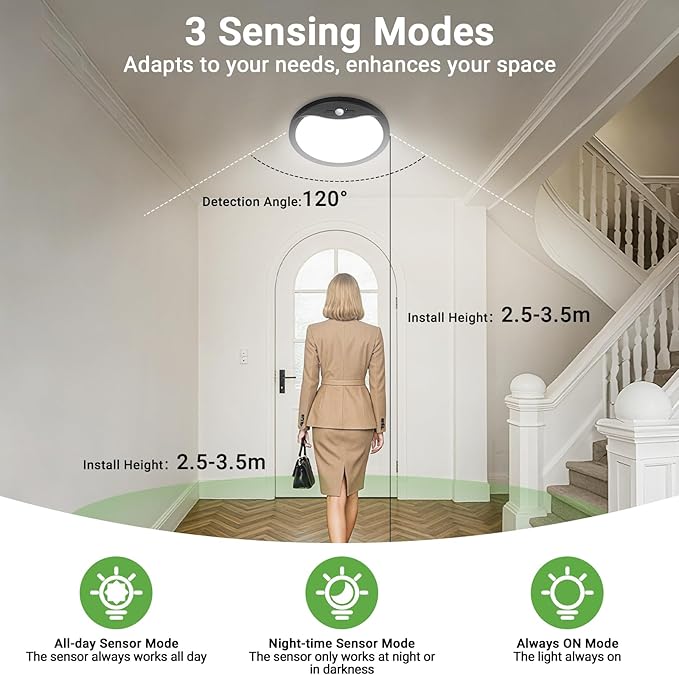 zemty 2Pack 7inch Motion Sensor Ceiling Lights Wired, 15W 1500lm 3CCT/3 Mode/30-120s Timer, Bright Black LED Flush Mount Light Fixture Motion Activated for Closet Pantry Hallways Stairwells Garage