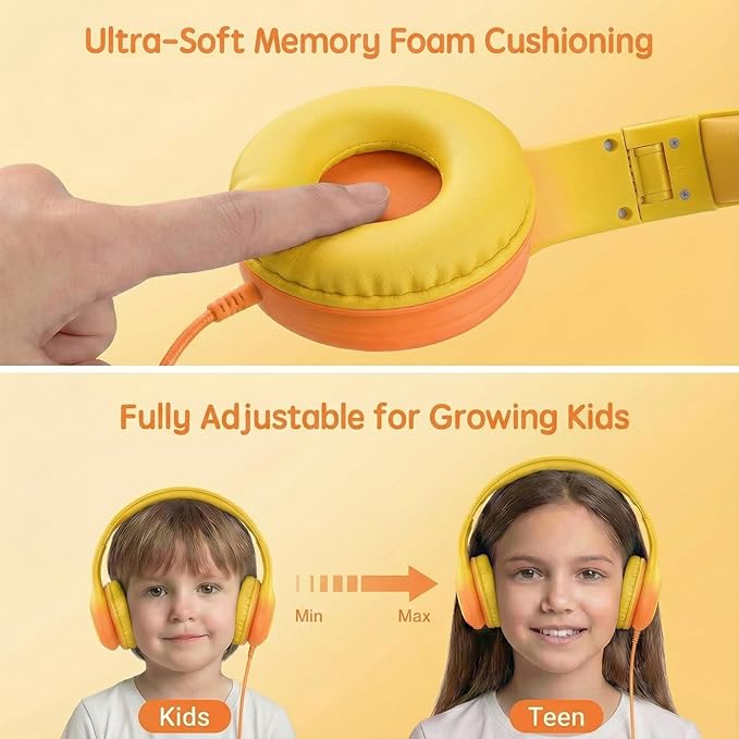 Wired Kids Headphones with USB C Plug, 85dB Safe Volume, Adjustable Headband, Tangle-Free Cord Headphones for School, Tablet, Travel (Yellow & Orange, with Microphone)