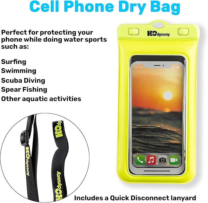 H2ODYSSEY Waterproof Phone Case and Lanyard - Excellent Waterproof Protection - Floats in The Water -Lanyard for Beach Kayak Travel - Universal Size - Yellow