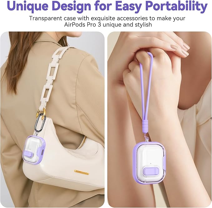 for Airpods Pro 3 Case 2025, Anti-Yellowing Clear Case for Airpods Pro 3 with Secure Lock & Phone Stand, Soft TPU Drop Protection Cover with Cleaning Kit (Purple)