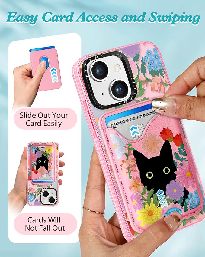 Toycamp for iPhone 14 Plus Case - Compatible with Magsafe Credit Card Holder Wallet Magnetic Cute Women Teen Girls Kawaii Girly Unique Cat Flower Design Phone Cover for iPhone 14 Plus