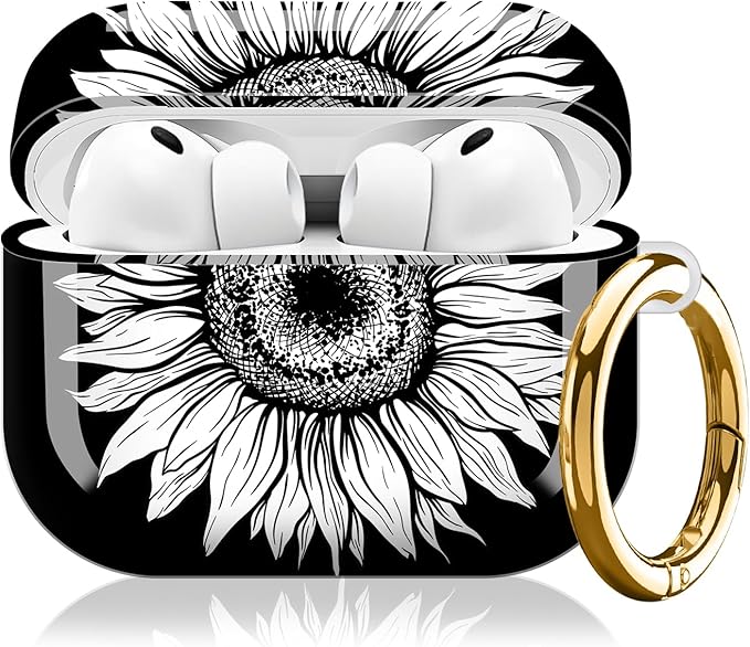 Compatible with AirPod Pro 3 (2025),Cute Case Cover for Women & Men, Full Protection Shockproof Hard Case with Keychain, Wireless Charging Case Accessories(Black White Gerbera Flower)