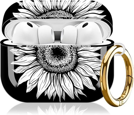 Compatible with AirPod Pro 3 (2025),Cute Case Cover for Women & Men, Full Protection Shockproof Hard Case with Keychain, Wireless Charging Case Accessories(Black White Gerbera Flower)