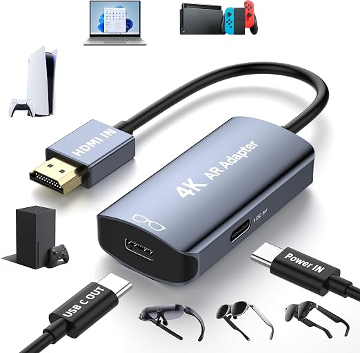 HDMI to USB C Adapter 4K@60Hz for AR Glasses, HDMI Male to USB C Female for XREAL One/Air 2 Pro, VITURE Pro, RayNeo Air 2s, Rokid Max, Switch 2/1, Steam Deck, PS5/4, Xbox, ROG Ally, Portable Monitor