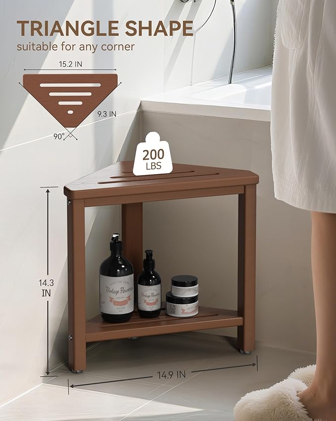 Teak Shower Foot Rest 15in, HDPE Waterproof Shower Stool for Inside Shower, Corner Shower Stool for Shaving Legs with Storage Shelf for Small Space, Shower Step Stool, Plastic Corner Shower Bench
