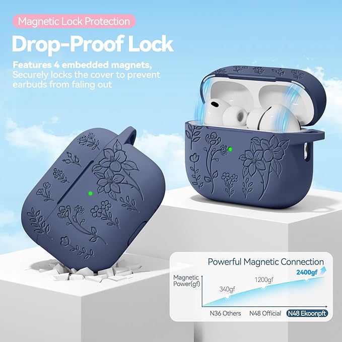 for Airpods Pro 3 Case with Magnetic Lid, Flower Engraved Case Cover Compatible with AirPods Pro 3rd Generation 2025, Soft Silicone Cases with Keychain & Cleaner for Women Girly, Shockproof