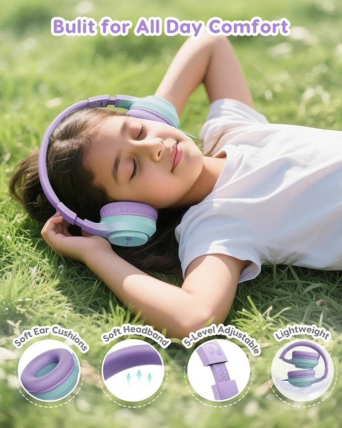 Kids Headphones, 74/85/94dB Volume Limiter, Foldable Wired Over Ear Headphones for Travel, 3.5mm Jack, Toddler Headphones for School, Chromebook, iPad, Tablet, Purple Green