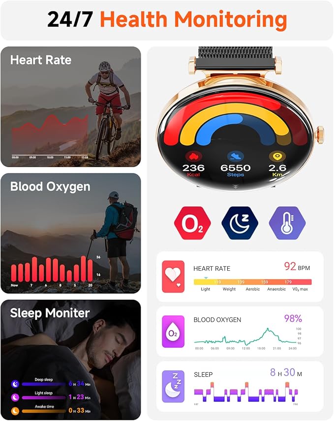 Hwagol Smart Watch for Women with Android iPhone Compatible[Calls/Metal Thin Body],1.43" Micro-Spherical AMOLED Screen,Sports Watch with Sleep/Heart Rate Monitor,Pedometer for Steps Miles