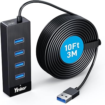 10FT 4‑Port USB 3.0 Hub Long Cable, 5Gbps High Speed USB Extender with USB‑C Power in Port (5V/2A), USB Extension Cable Multiport Adapter for PC, Laptop, Desktop, Keyboard, Mouse, Flash Drive