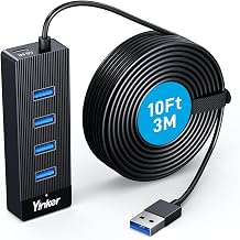 10FT 4‑Port USB 3.0 Hub Long Cable, 5Gbps High Speed USB Extender with USB‑C Power in Port (5V/2A), USB Extension Cable Multiport Adapter for PC, Laptop, Desktop, Keyboard, Mouse, Flash Drive - Image 1