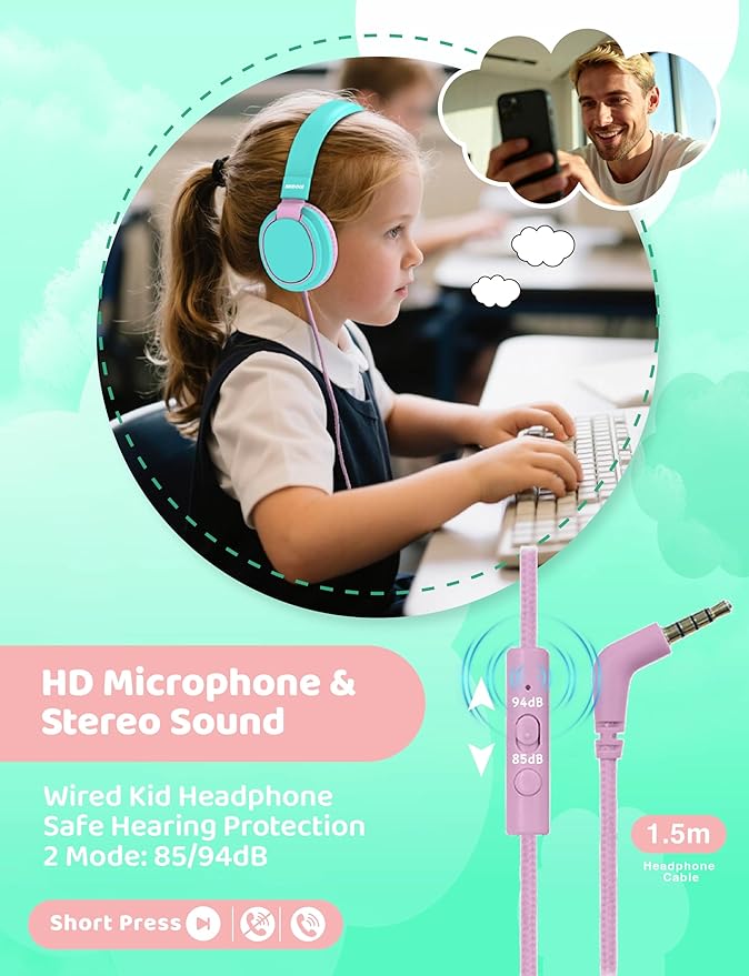 MIDOLA Kids Headphone Wired Volume Limited 85/94dB Over-Ear/On-Ear Foldable Headset with Microphone Hearing Protection Headphones for Toddler Boy Girl Child School Learning Pad Tablet Cyan