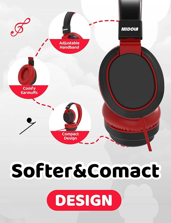 MIDOLA Volume Limited 85/110dB Kids Headphone Over-Ear/On-Ear Foldable Sound Noise Protection Headset with Inline AUX 3.5mm Cord w/Mic for Child School Cellphone Pad PC Notebook Black