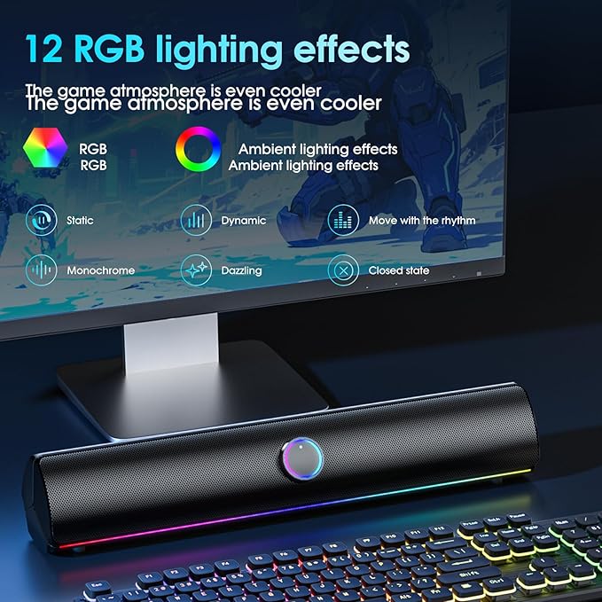 Computer Speakers for Desktop PC,Computer Sound bar,2600mAh PC Soundbar,Bass Boost,HiFi Stereo Bluetooth Desktop Speakers with Touch Buttons for Laptops,Phone,Great for Gamers,Families