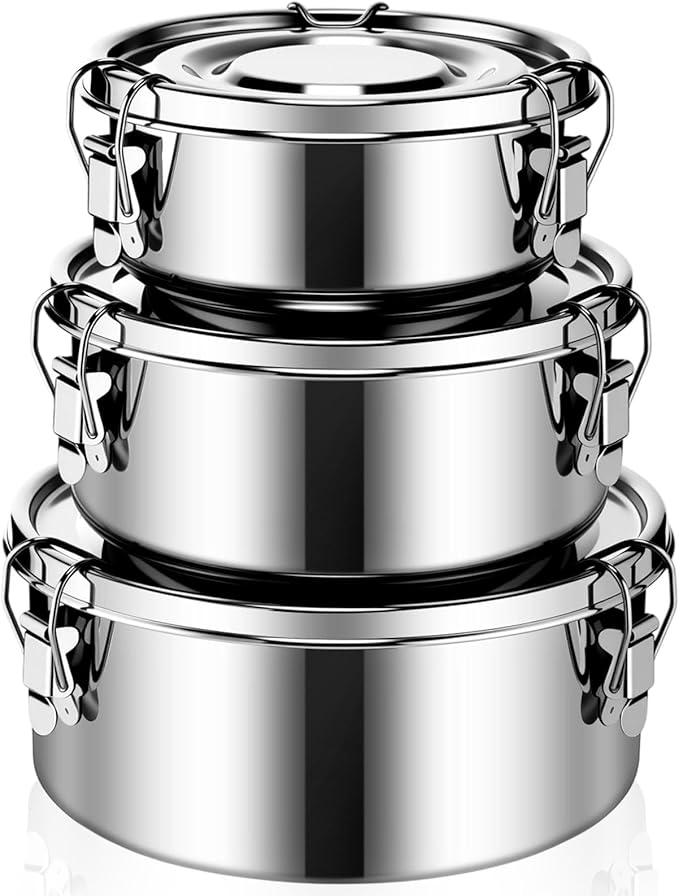 3 Pcs Small Stainless Steel Bento Box Reusable 304 Stainless Steel Food Storage Containers with Lockable Clips to Leak Proof, Dishwasher Safe(54 Oz, 74 Oz, 101 Oz)
