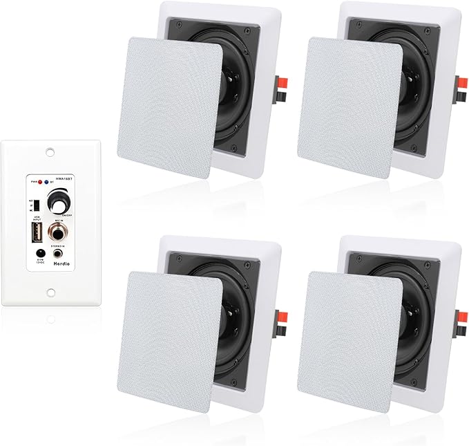 Herdio 5.25 Inches 2-Way Bluetooth Ceiling Speakers with 4 Channel Wall Amplifier, 320W Square in Wall Speaker System for Home Theater Office Kitchen, 2 Pairs