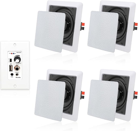 Herdio 5.25 Inches 2-Way Bluetooth Ceiling Speakers with 4 Channel Wall Amplifier, 320W Square in Wall Speaker System for Home Theater Office Kitchen, 2 Pairs
