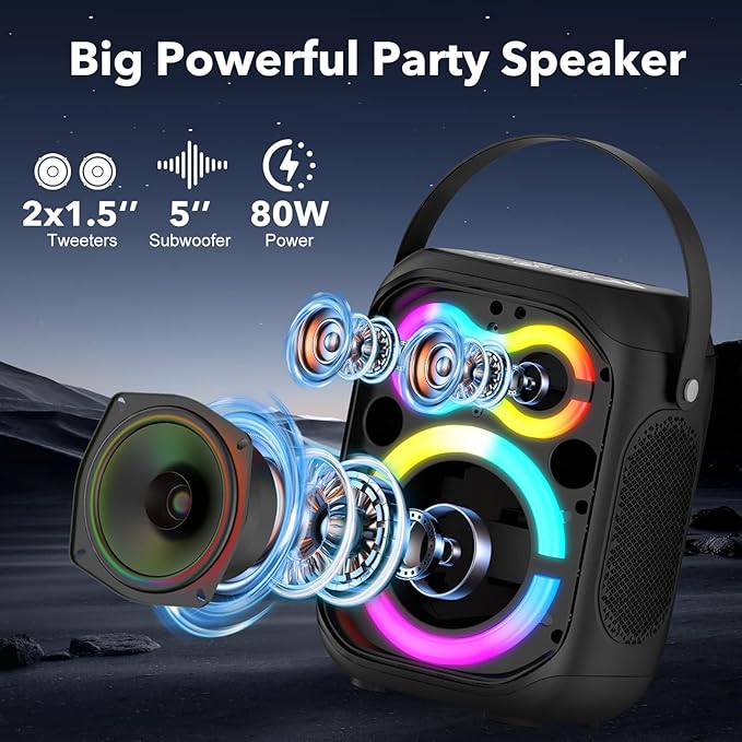 Portable Bluetooth Speakers 80W Big Powerful Wireless Outdoor Loud Stereo Deep Bass Sound Boombox TWS Home Party Speaker with Subwoofer LED Lights