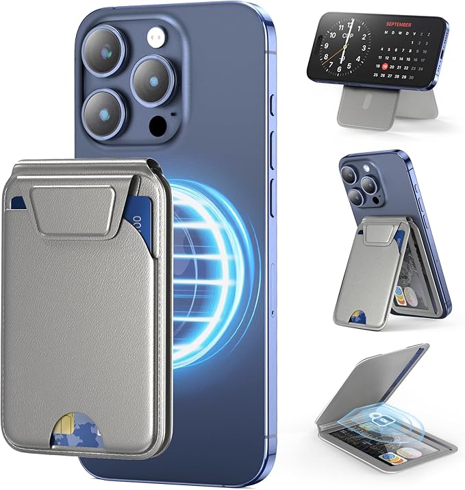 Mag-Safe Wallet - Magnetic Card Holder for iPhone 16/15/14/13/12 Series, Slim Leather Wallet Stand with NFC & RFID Blocking, Lightweight Flap Design, Not Compatible with iPhone 13/12 Mini (Grey)