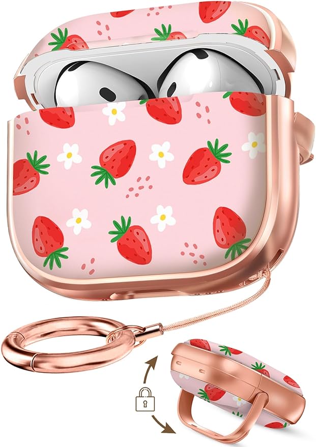 Coralogo for AirPods 4 Case with Safety Lock - Cute Cartoon for Women Girls Fashion Stylish Strawberry Pattern Design Kawaii Girly Girlish Hard Protective Cover for AirPods 4th Generation 2024