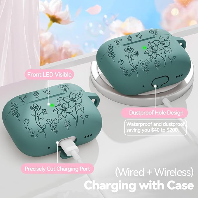 for Airpods Pro 3 Case, Flower Engraved Case Cover Compatible with AirPods Pro 3rd Generation 2025, Soft Silicone Cases with Cute Keychain & Cleaner for Women Girly, Shockproof
