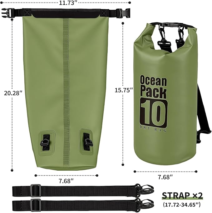 kullder Waterproof Backpack 10L, Roll Top Water Proof Dry Bag Army Green, Floating Dry Bag for Kayaking Camping Boating, Lightweight Hiking Backpack with 7" Black IPX8 Waterproof Phone Case