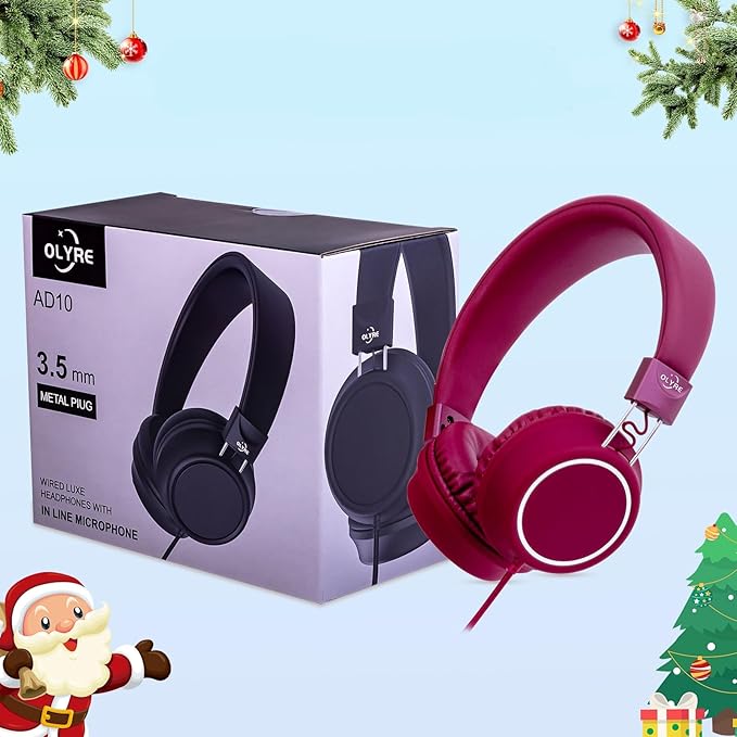 Olyre Kids Headphones,Wired Toddler Teens On-Ear Headphones with HD Microphone,94dB Volume Limit,Tangle-Free 3.5mm Jack Foldable Stereo Children Earphones for School,Tablet,Plane Travel Wine Red