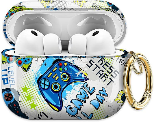 Cute Hard Case Compatible with AirPods Pro 3rd Generation Case (2025), Shockproof Protective Cover with Golden Keychain Ring Clip (Blue Game Pattern)
