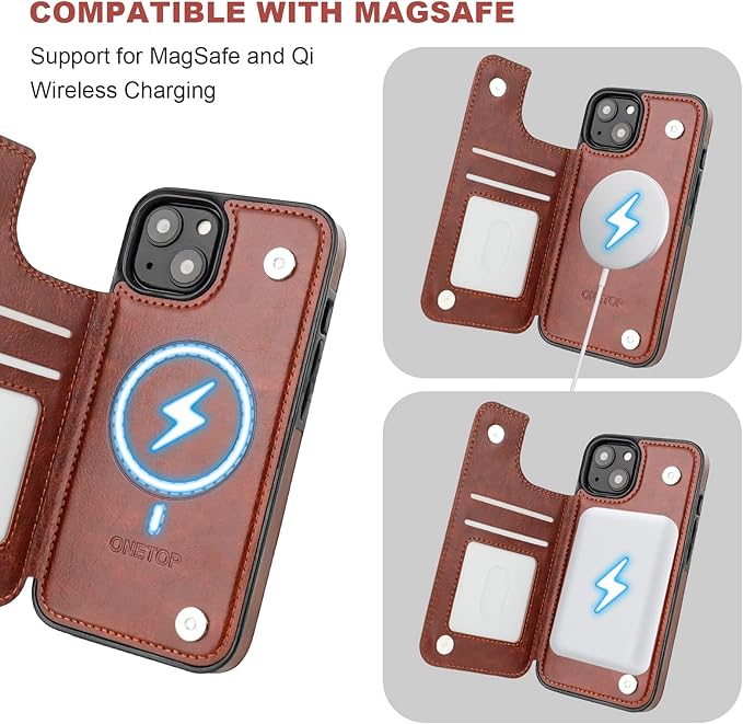 ONETOP Compatible with Magsafe for iPhone 13 Wallet Case with Card Holder, PU Leather Kickstand RFID Blocking Case, Double Magnetic Clasp and Durable Shockproof Cover 6.1 Inch (Brown)