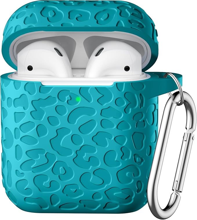 Leropard Engraved for AirPods Case Cover, Cute Soft Silicone Protector with Keychain Compatible with Airpods 2nd/1st Generation,Front LED Visible,Teal
