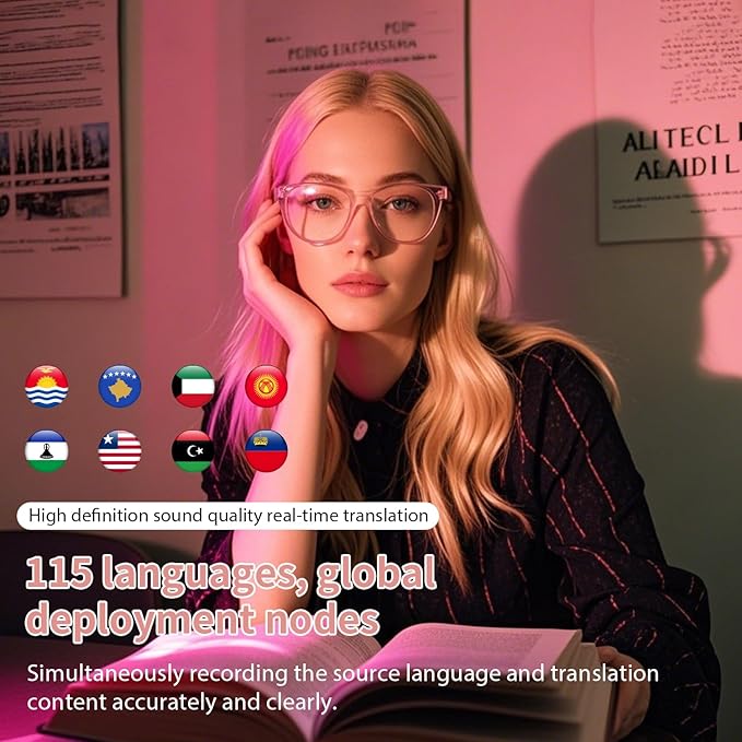 AI Smart Glasses with Real-Time Translation, Wireless Bluetooth 5.3, Smart Simultaneous Interpretation for 160+ Languages, Open-Ear Design,Clear Frame Blue Light Glasses for Woman Travel,Work