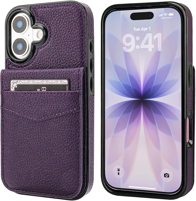KIHUWEY Compatible with iPhone 17 Case Wallet with Credit Card Holder, Flip Premium Leather Magnetic Clasp Kickstand Heavy Duty Protective Cover for iPhone 17 6.3 Inch (Lichee Dark Purple)