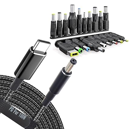 USB C to DC Adapters 19 Set Power Plug Kit - Universal Charger Supply Cable Braided PD Cord & 5.5x2.1mm Round Barrel Jack for MSI Acer Asus Thinkpad IBM Lenovo Dell HP Laptop Charging Connector Tips