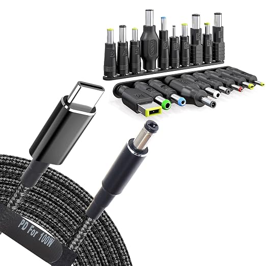 USB C to DC Adapters 19 Set Power Plug Kit - Universal Charger Supply Cable Braided PD Cord & 5.5x2.1mm Round Barrel Jack for MSI Acer Asus Thinkpad IBM Lenovo Dell HP Laptop Charging Connector Tips