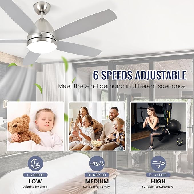 Smart Ceiling Fan with Light, Modern Nickel 52-Inch Outdoor Ceiling Fan and Remote/App, Dimmable Tri-Color LED and Reversible Motor for Indoor Bedroom/Outdoor Covered Patio