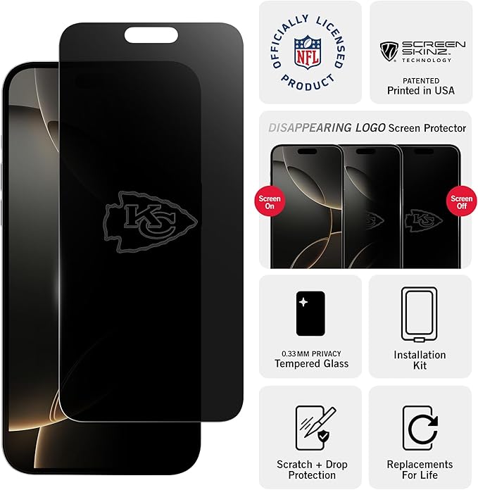 NFL Kansas City Chiefs Privacy Screen for iPhone 15,15 Pro and 16 - with Disappearing Logo - Scratch-Resistant and Easy-to-Install Screen Protectors (Includes Installation Tray)