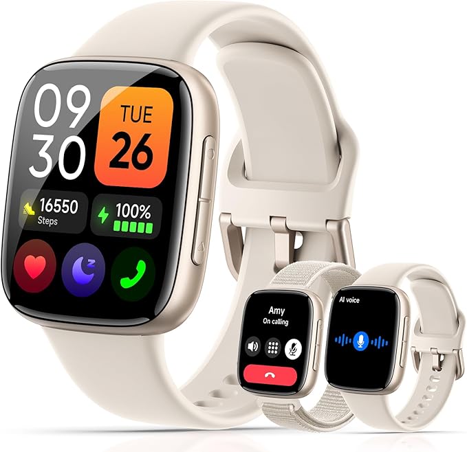 Smart Watch for Women Men, 1.85" HD AMOLED Display, 2 Bands Included, Works with iPhone & Android, 12-Day Battery, 3ATM Waterproof, Bluetooth Call, Health & Fitness Tracker, Beige